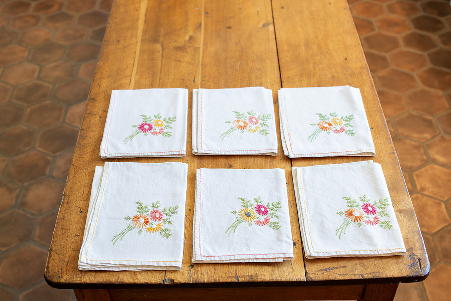 Set of Six Embroidered French Serviettes